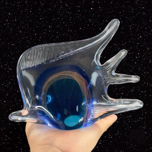 Multicolor Large Art Glass Fish Figurine Paperweight Blue W Clear Edges Heavy - Picture 11 of 14